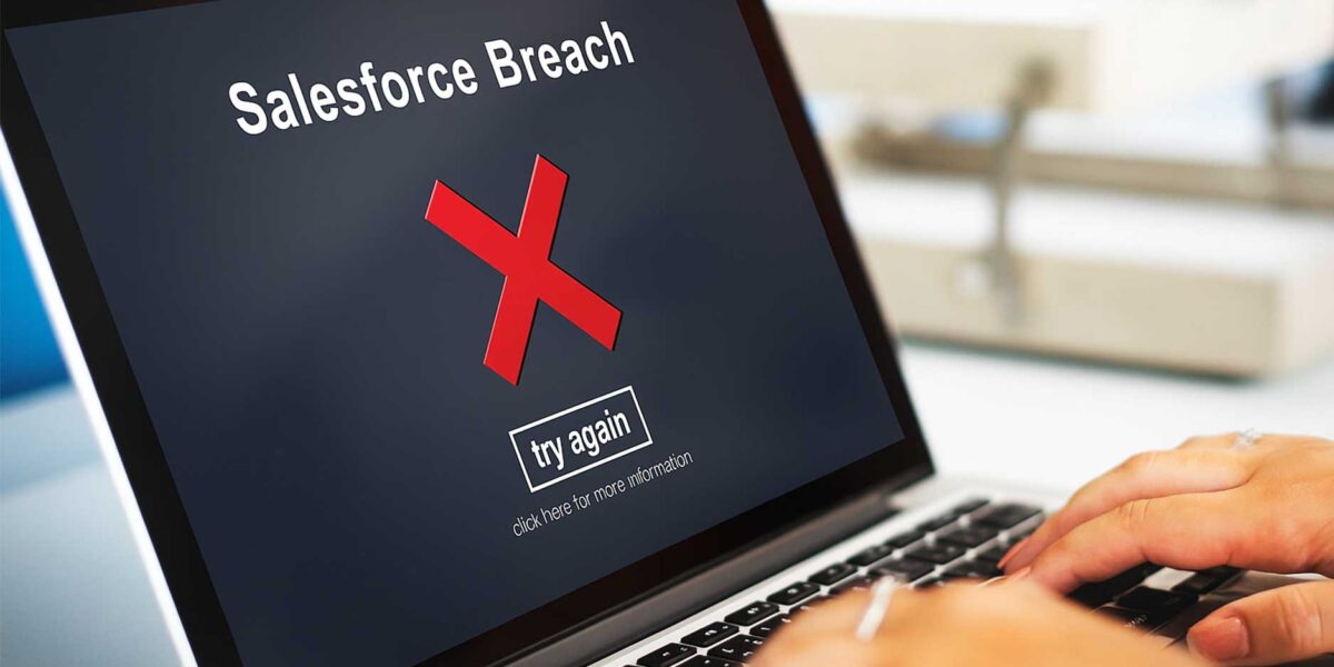 Laptop screen showing Salesforce breach security warning highlighting data breach and cybersecurity risk.