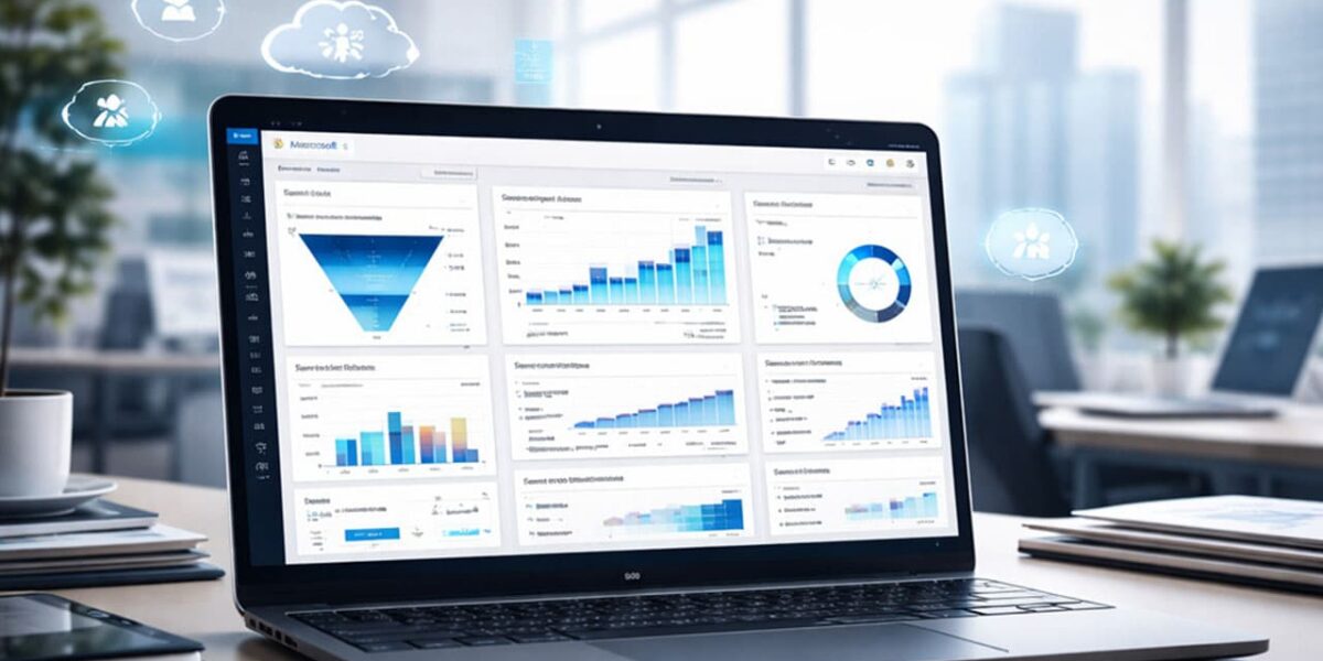 Modern Dynamics 365 dashboard showing 2026 release wave 1 features with AI insights and analytics